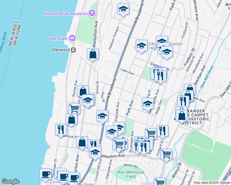 map of restaurants, bars, coffee shops, grocery stores, and more near 319 Palisade Avenue in Yonkers
