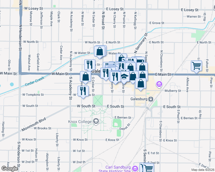 map of restaurants, bars, coffee shops, grocery stores, and more near 19 West Tompkins Street in Galesburg
