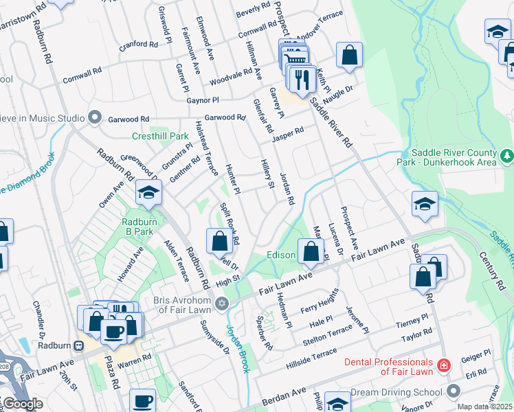 map of restaurants, bars, coffee shops, grocery stores, and more near 6 Harris Place in Fair Lawn