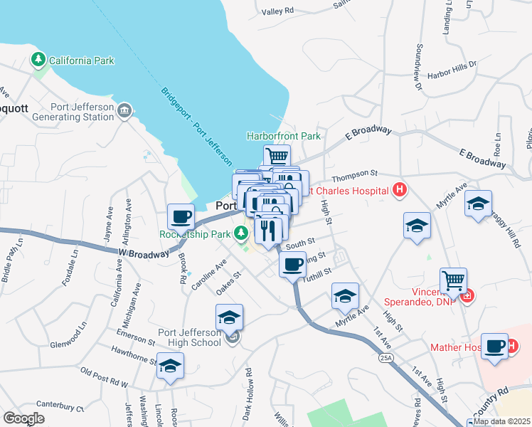 map of restaurants, bars, coffee shops, grocery stores, and more near 227 Main Street in Port Jefferson