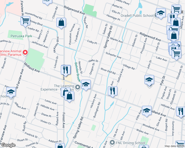 map of restaurants, bars, coffee shops, grocery stores, and more near 307 Montana Street in Paramus