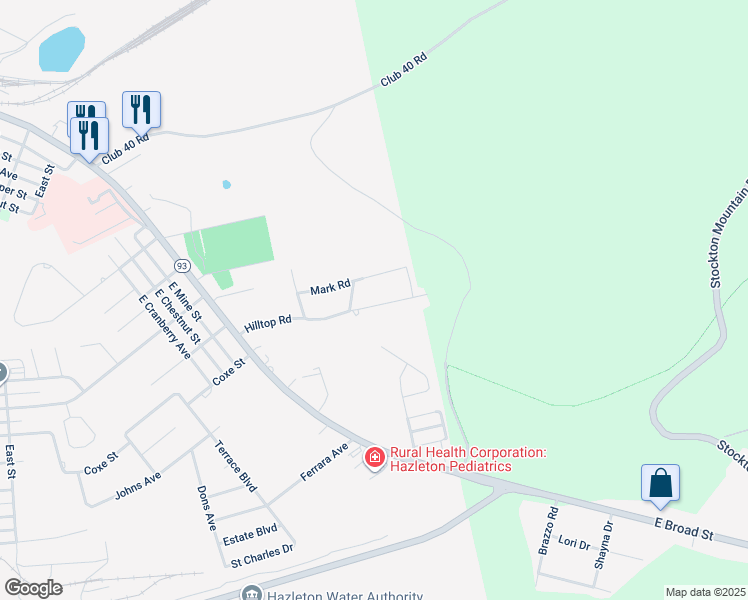 map of restaurants, bars, coffee shops, grocery stores, and more near 128 Hilltop Road in Hazleton