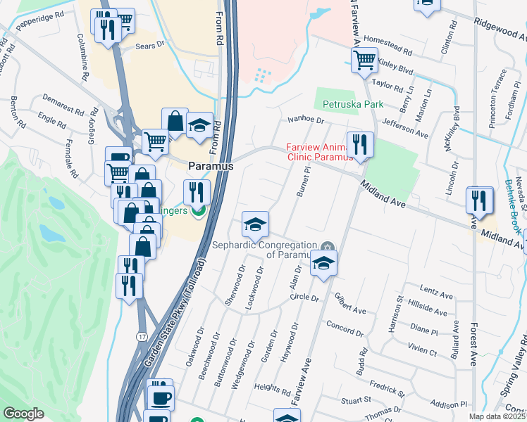 map of restaurants, bars, coffee shops, grocery stores, and more near 95 Arnot Place in Paramus