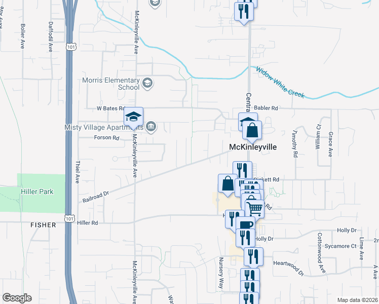 map of restaurants, bars, coffee shops, grocery stores, and more near 1414 Railroad Avenue in McKinleyville