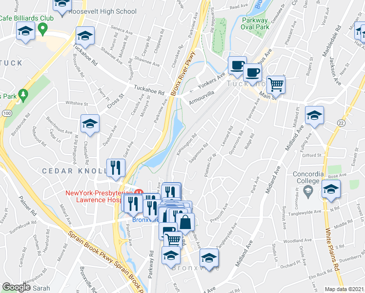 map of restaurants, bars, coffee shops, grocery stores, and more near 61 Sagamore Road in Bronxville