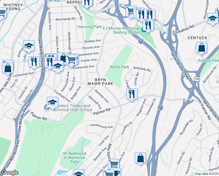 map of restaurants, bars, coffee shops, grocery stores, and more near 306 Mile Square Road in Yonkers