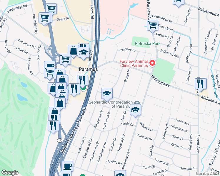 map of restaurants, bars, coffee shops, grocery stores, and more near 95 Arnot Place in Paramus