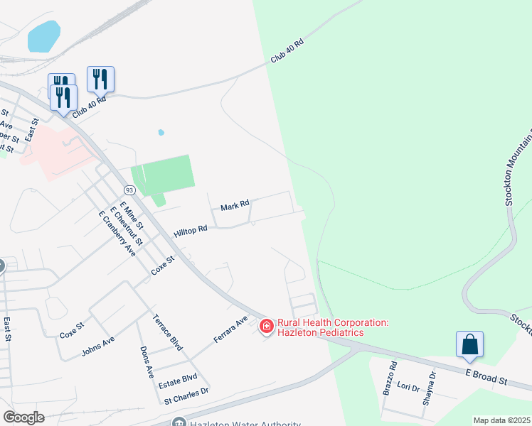 map of restaurants, bars, coffee shops, grocery stores, and more near 128 Hilltop Road in Hazleton