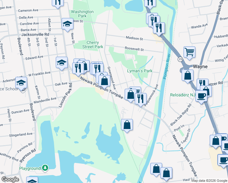 map of restaurants, bars, coffee shops, grocery stores, and more near 20 Greenwood Avenue in Pequannock Township