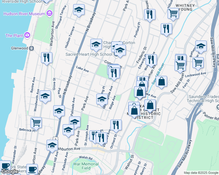 map of restaurants, bars, coffee shops, grocery stores, and more near 124 Lake Avenue in Yonkers