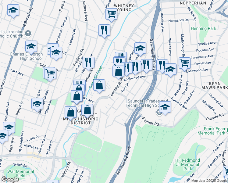 map of restaurants, bars, coffee shops, grocery stores, and more near Saw Mill River Rd & Palmer Rd in Yonkers
