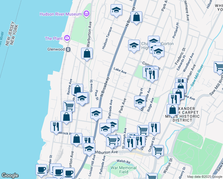 map of restaurants, bars, coffee shops, grocery stores, and more near 130 Glenwood Avenue in Yonkers
