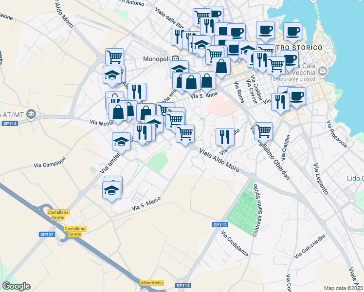 map of restaurants, bars, coffee shops, grocery stores, and more near Via Raffaello Sanzio in Monopoli