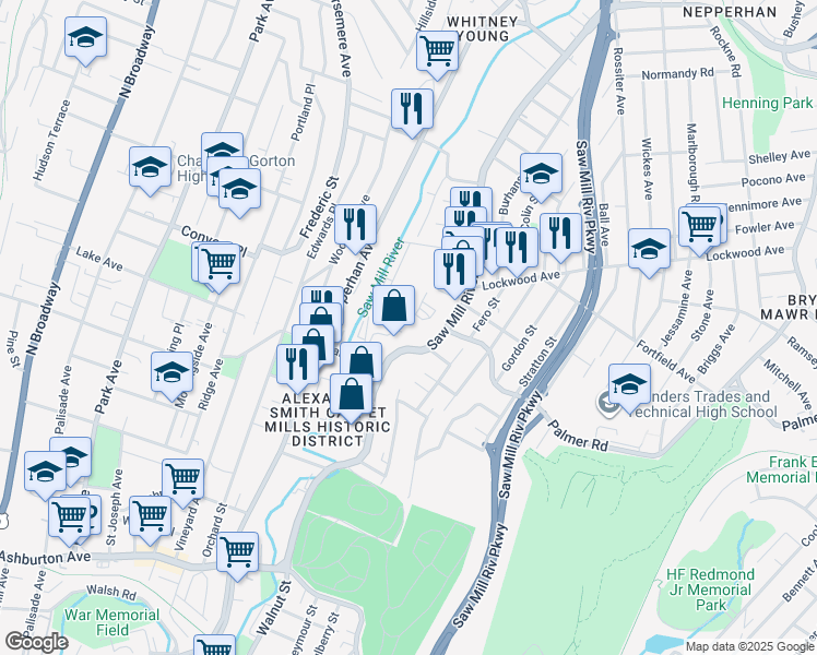 map of restaurants, bars, coffee shops, grocery stores, and more near 201 Saw Mill River Road in Yonkers