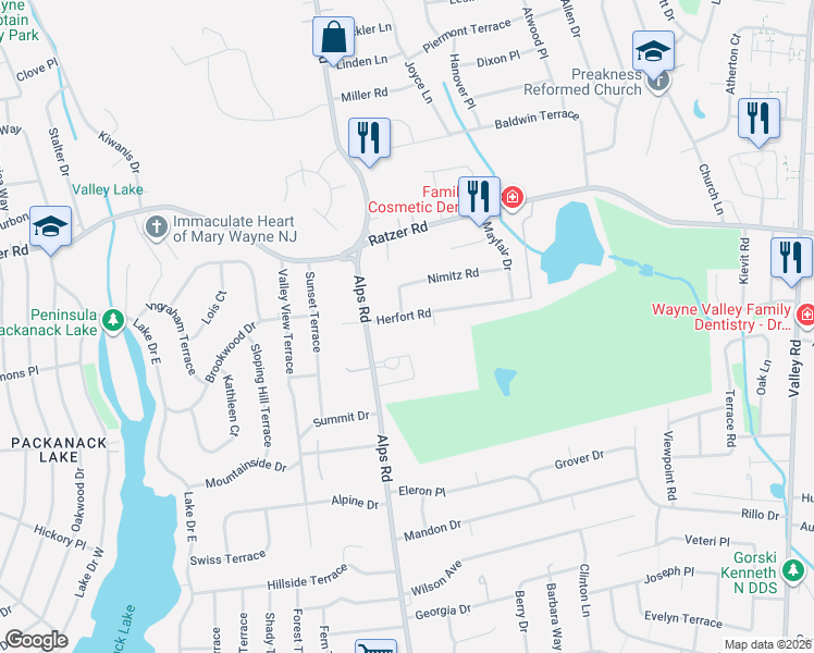 map of restaurants, bars, coffee shops, grocery stores, and more near 12 Gaede Place in Wayne