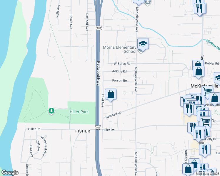 map of restaurants, bars, coffee shops, grocery stores, and more near 1030 Forson Road in McKinleyville