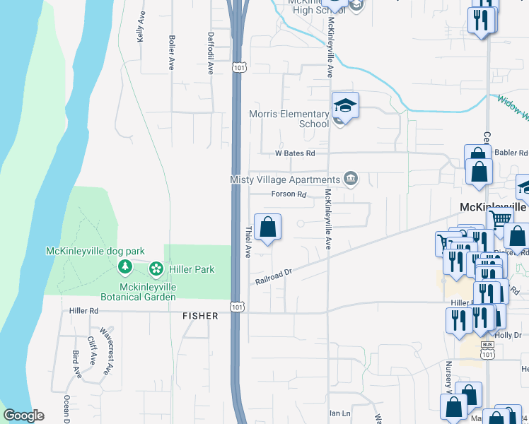 map of restaurants, bars, coffee shops, grocery stores, and more near 1030 Forson Road in McKinleyville