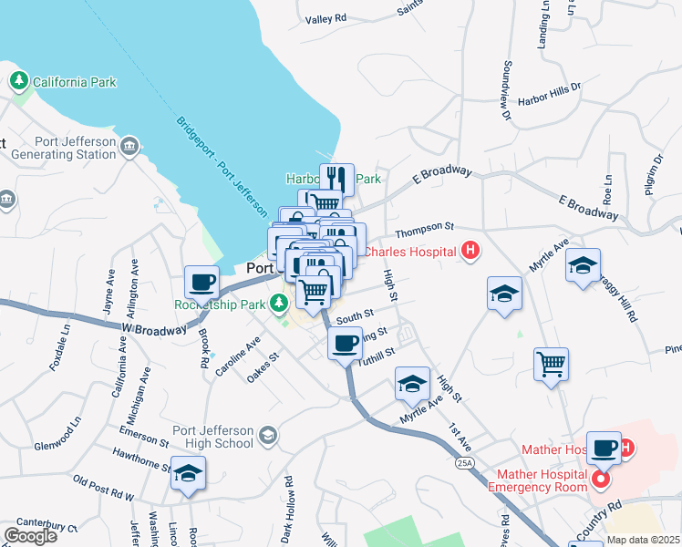 map of restaurants, bars, coffee shops, grocery stores, and more near 100 Thompson Street in Port Jefferson