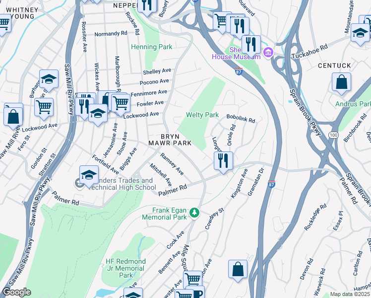 map of restaurants, bars, coffee shops, grocery stores, and more near 51 Bryn Mawr Terrace in Yonkers