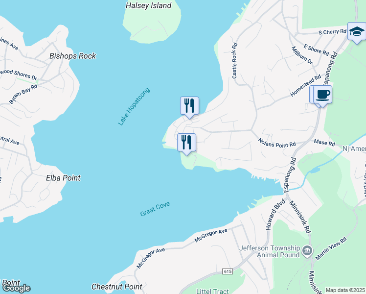 map of restaurants, bars, coffee shops, grocery stores, and more near 10 Nolans Point Park Road in Jefferson