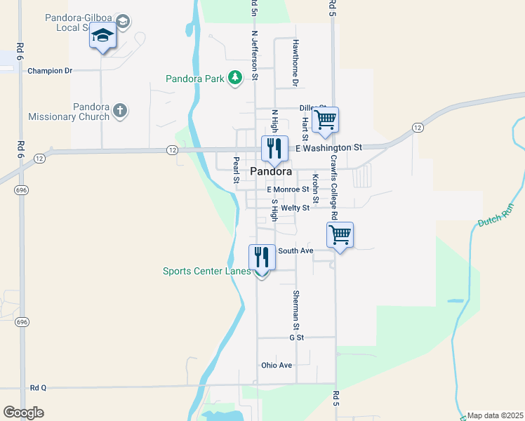 map of restaurants, bars, coffee shops, grocery stores, and more near 204 North High Street in Pandora
