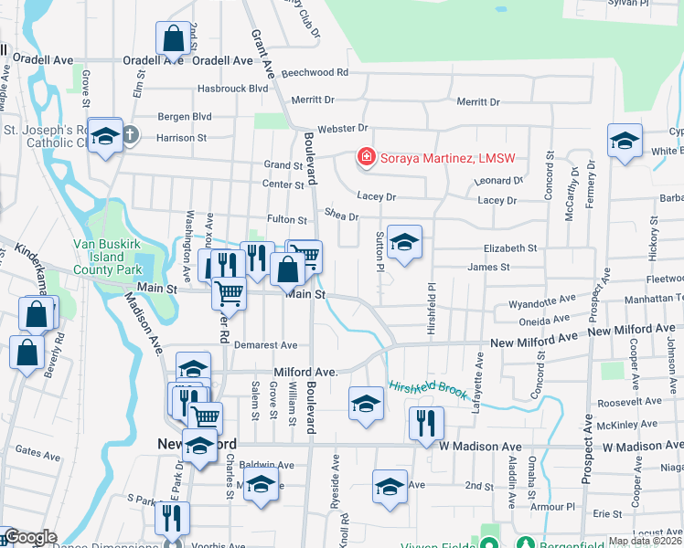 map of restaurants, bars, coffee shops, grocery stores, and more near 322 Harris Place in New Milford