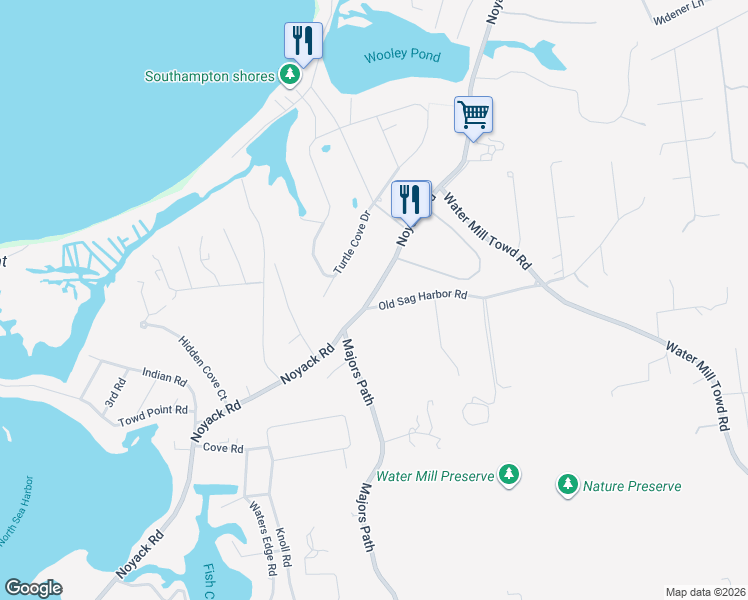 map of restaurants, bars, coffee shops, grocery stores, and more near 25 Old Sag Harbor Road in Southampton