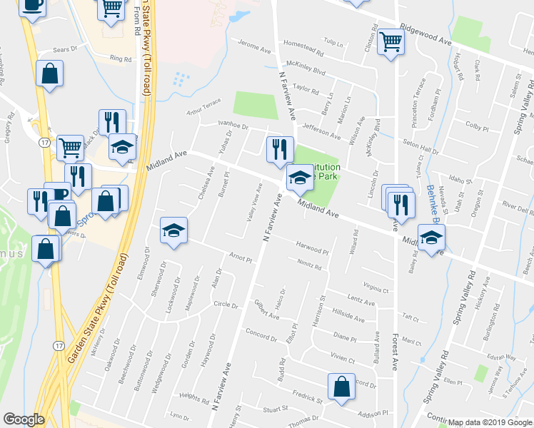 map of restaurants, bars, coffee shops, grocery stores, and more near 399 North Farview Avenue in Paramus