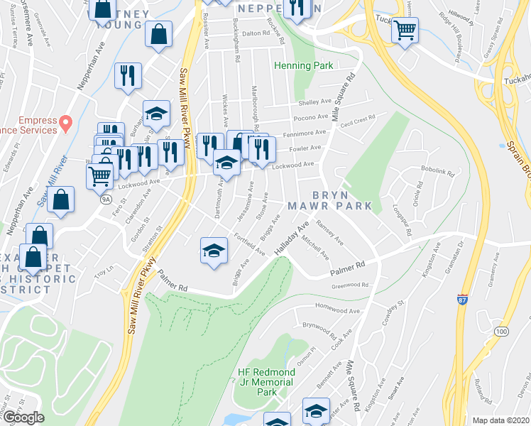 map of restaurants, bars, coffee shops, grocery stores, and more near 206 Stone Avenue in Yonkers