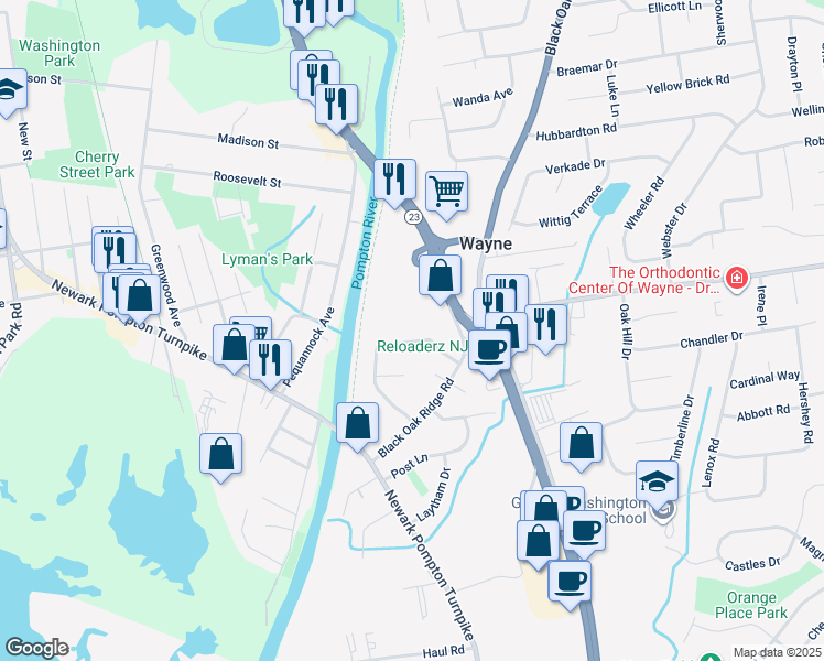 map of restaurants, bars, coffee shops, grocery stores, and more near 1895 New Jersey 23 in Wayne