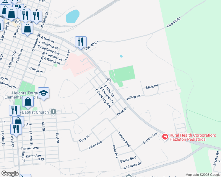 map of restaurants, bars, coffee shops, grocery stores, and more near 1124 E Broad St in Hazleton