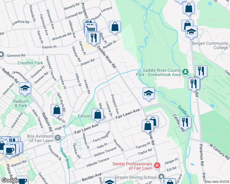 map of restaurants, bars, coffee shops, grocery stores, and more near 39-05 Kearns Place in Fair Lawn