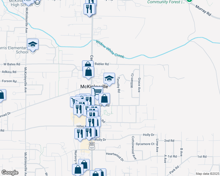 map of restaurants, bars, coffee shops, grocery stores, and more near 2285 Central Avenue in McKinleyville