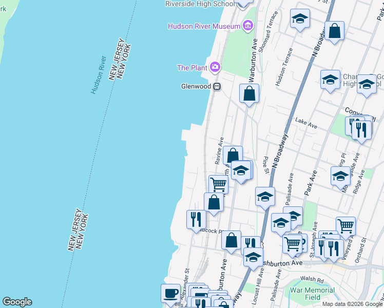 map of restaurants, bars, coffee shops, grocery stores, and more near 75 Riverdale Avenue in Yonkers
