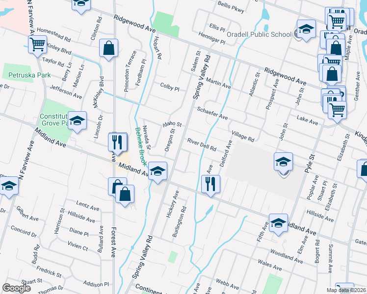 map of restaurants, bars, coffee shops, grocery stores, and more near 824 River Dell Road in Oradell