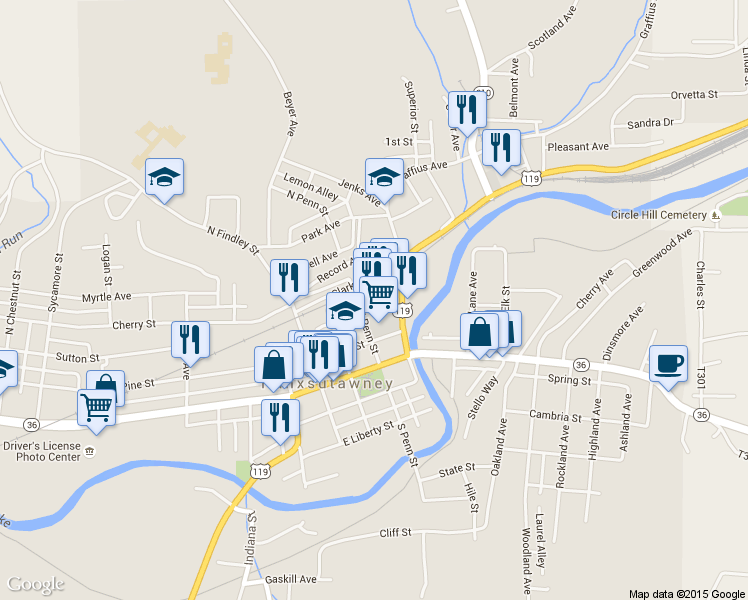 map of restaurants, bars, coffee shops, grocery stores, and more near 199 Clark Street in Punxsutawney