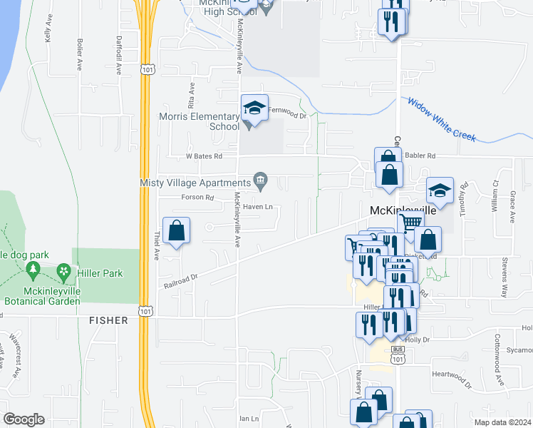 map of restaurants, bars, coffee shops, grocery stores, and more near 1310 Haven Lane in McKinleyville