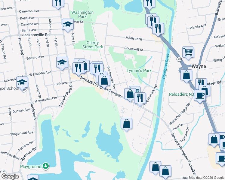 map of restaurants, bars, coffee shops, grocery stores, and more near 20 Greenwood Avenue in Pequannock Township