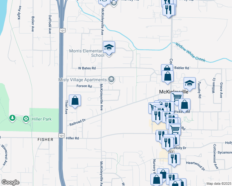 map of restaurants, bars, coffee shops, grocery stores, and more near 1325 Haven Lane in McKinleyville