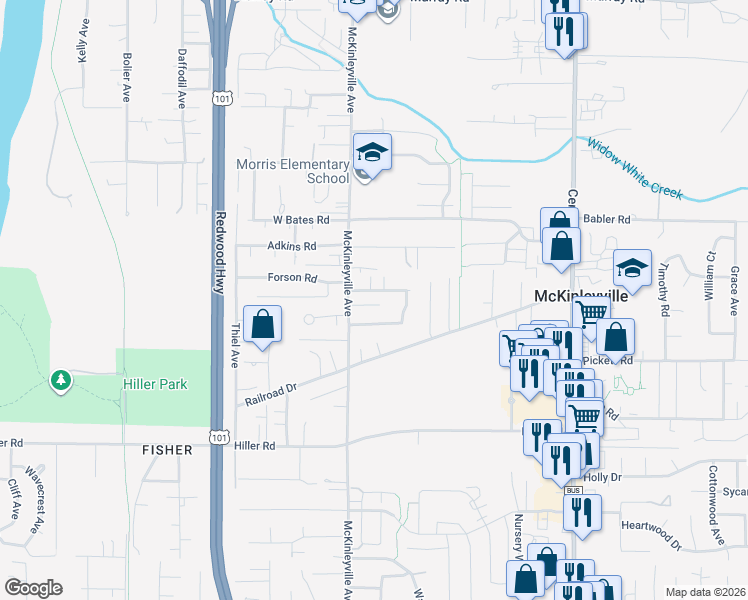 map of restaurants, bars, coffee shops, grocery stores, and more near 1245 Haven Lane in McKinleyville
