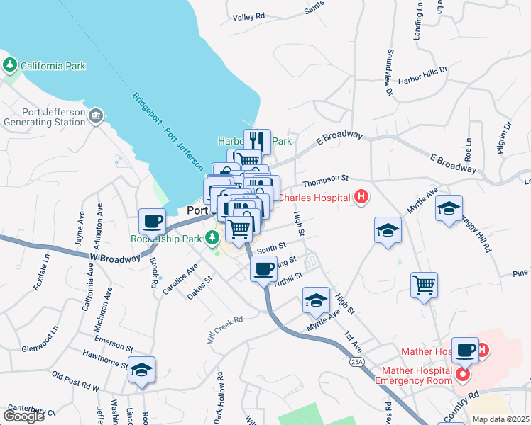 map of restaurants, bars, coffee shops, grocery stores, and more near 100 Thompson Street in Port Jefferson