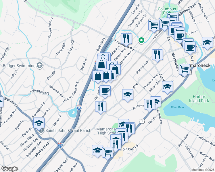 map of restaurants, bars, coffee shops, grocery stores, and more near 714 Waverly Avenue in Mamaroneck