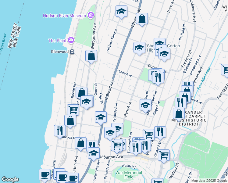 map of restaurants, bars, coffee shops, grocery stores, and more near in Yonkers
