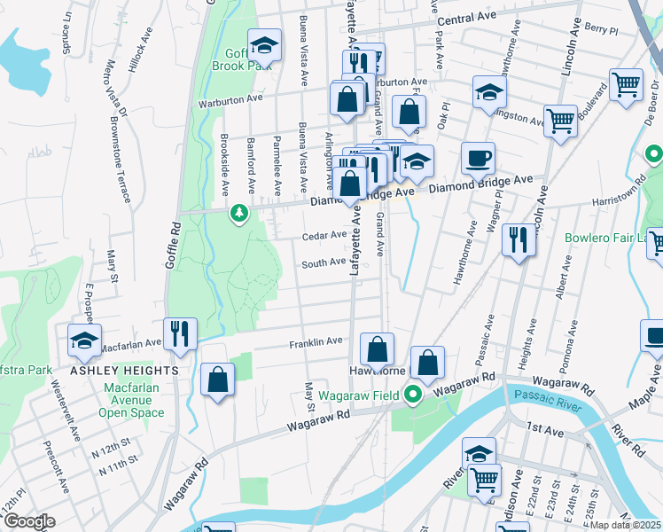 map of restaurants, bars, coffee shops, grocery stores, and more near 57 South Avenue in Hawthorne