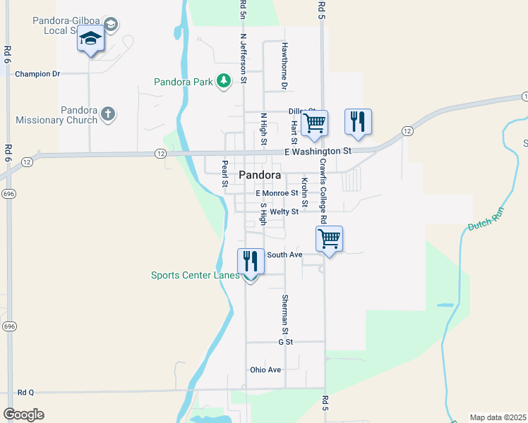 map of restaurants, bars, coffee shops, grocery stores, and more near S High in Pandora