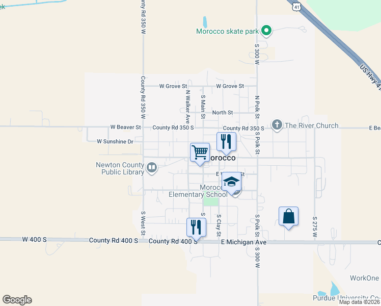 map of restaurants, bars, coffee shops, grocery stores, and more near 107 North Walker Avenue in Morocco