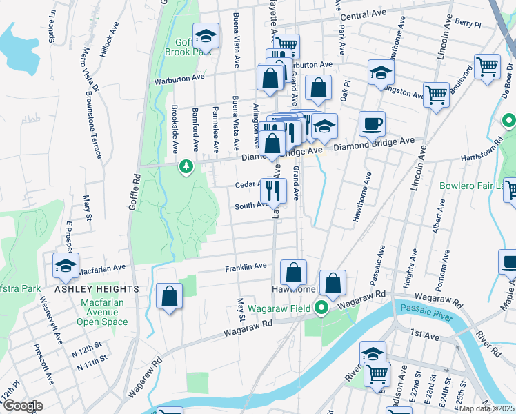 map of restaurants, bars, coffee shops, grocery stores, and more near 57 South Avenue in Hawthorne