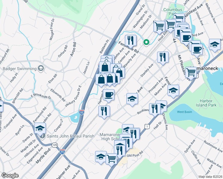 map of restaurants, bars, coffee shops, grocery stores, and more near 714 Waverly Avenue in Mamaroneck