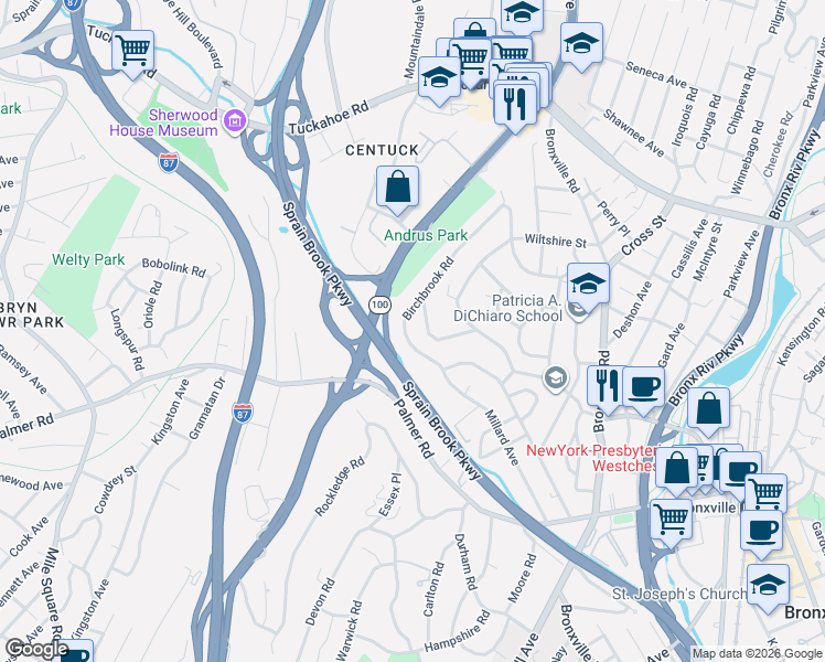 map of restaurants, bars, coffee shops, grocery stores, and more near 53 Birchbrook Road in Bronxville