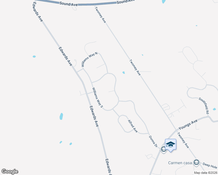 map of restaurants, bars, coffee shops, grocery stores, and more near 119 Williams Way South in Calverton